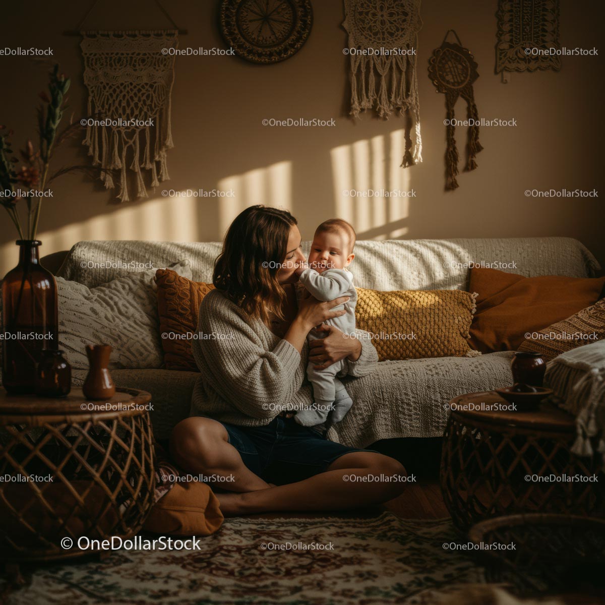 Mother Bonding with Baby in Bohemian Living Room