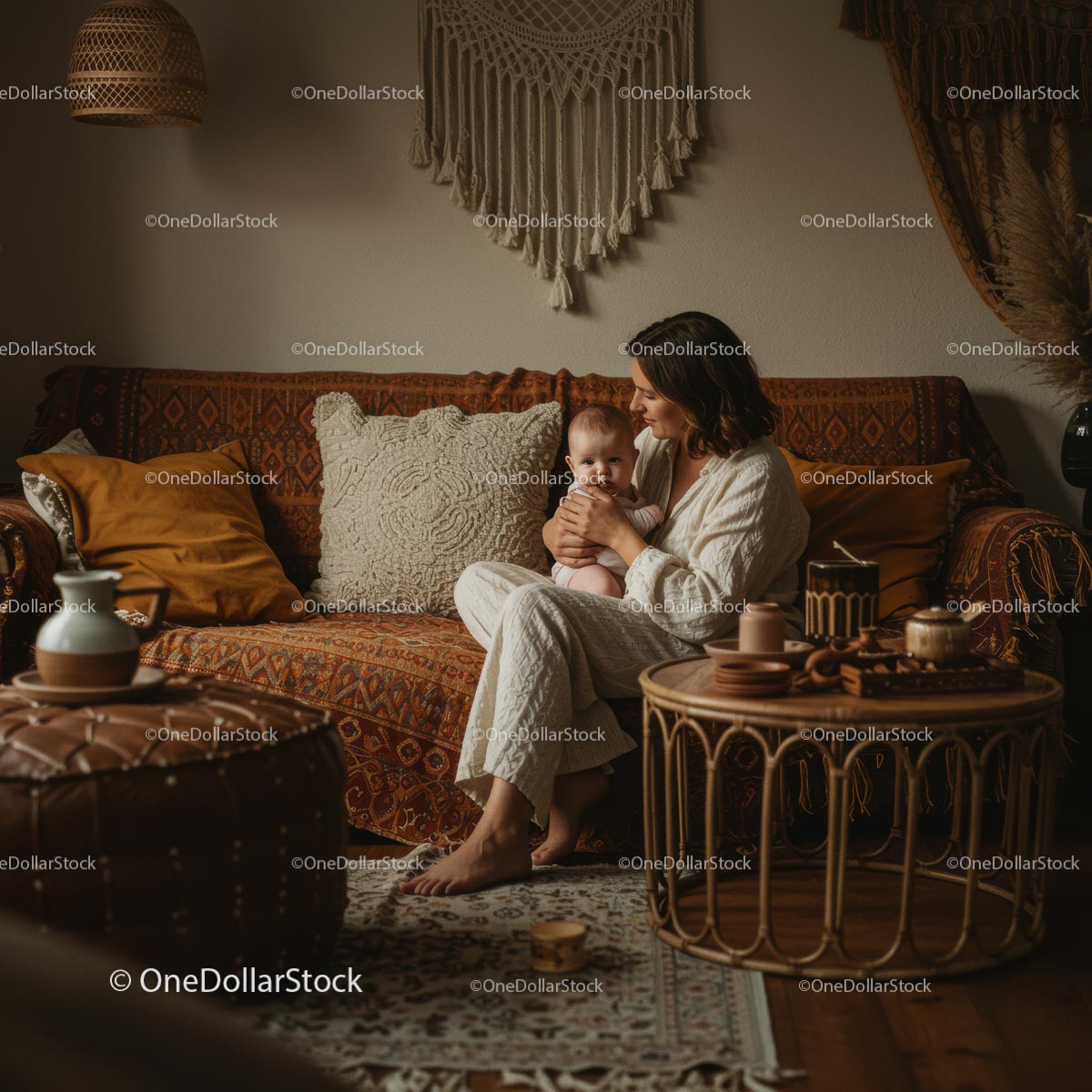Mother Holding Baby in Cozy Bohemian Living Room