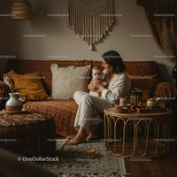 Mother Holding Baby in Cozy Bohemian Living Room