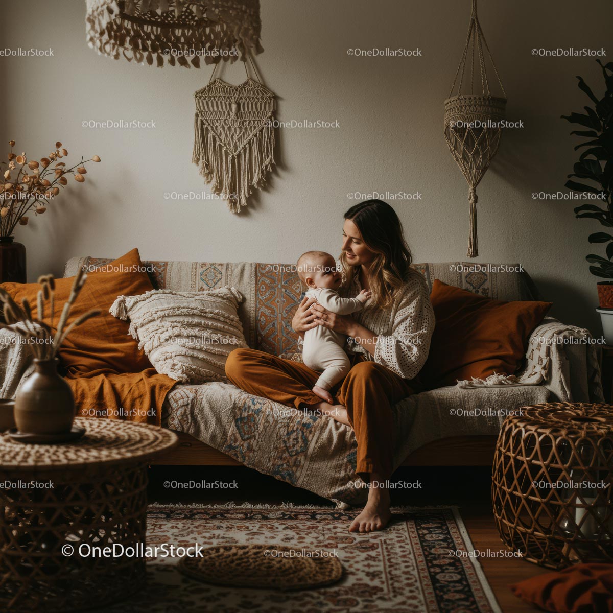 Cozy Mother-Baby Moment in Warm Bohemian Living Room