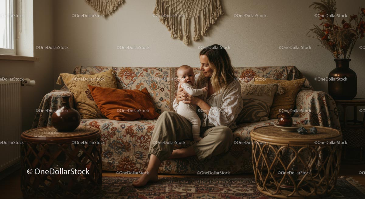 Mother and Baby in Bohemian Living Room
