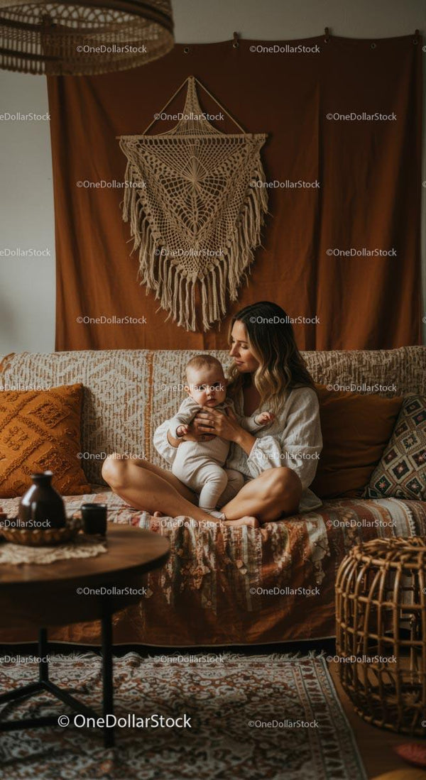 Mama i dziecko odpoczywają w przytulnym boho salonie