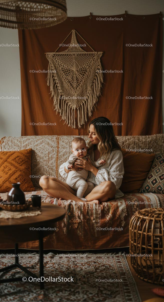 Mother and Baby Relaxing in a Cozy Bohemian Living Room