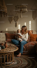 Mother and Baby in Cozy Bohemian Living Room