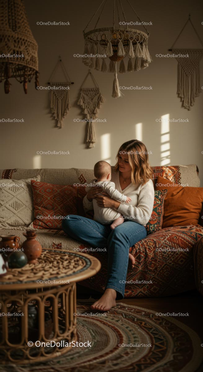 Mother and Baby in Cozy Bohemian Living Room