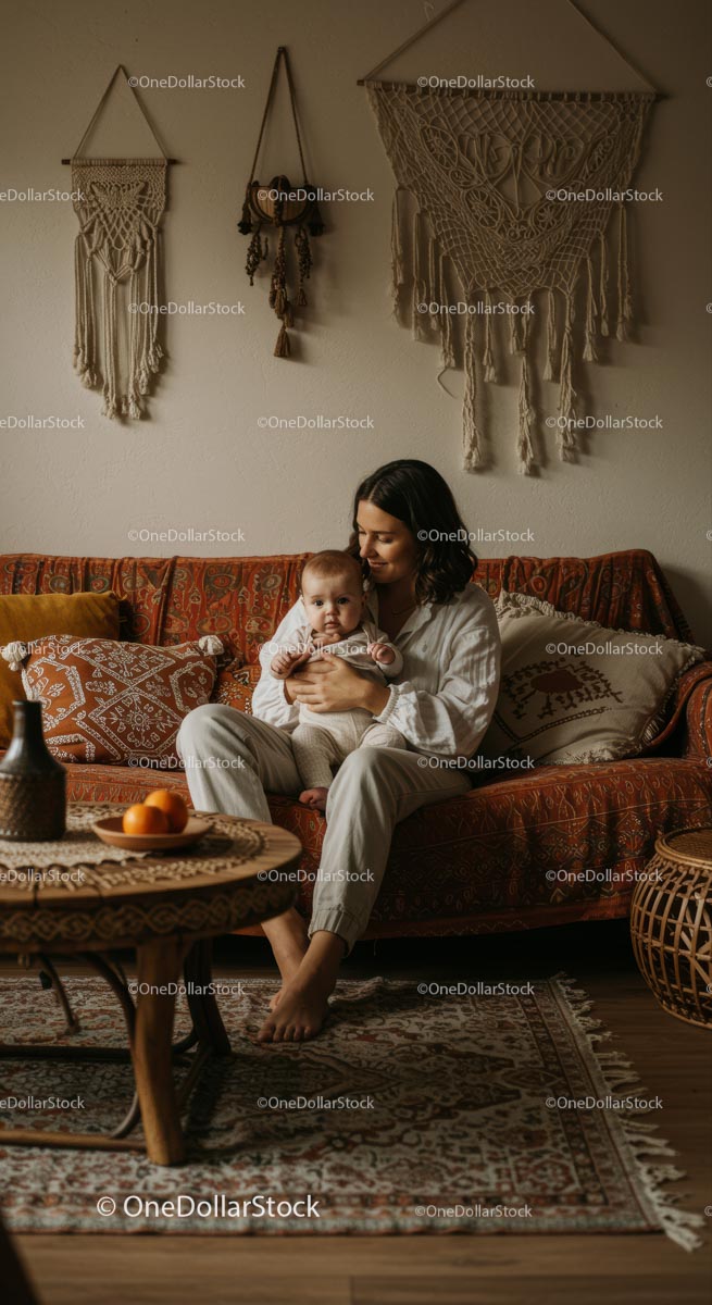 Mother and Baby in Cozy Bohemian Living Room