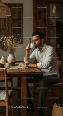 Man Enjoying Morning Coffee in Cozy Rustic Interior
