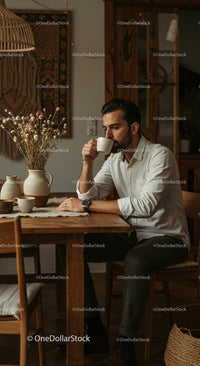 Man Enjoying Morning Coffee in Cozy Rustic Interior