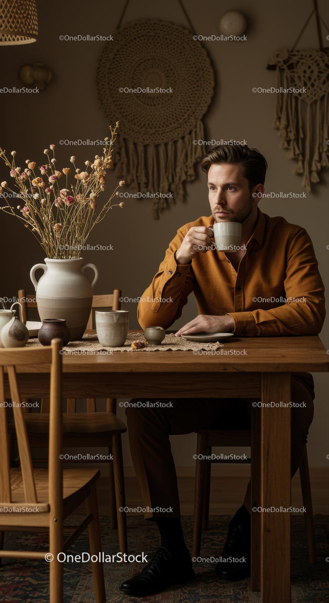 Man in Thought in Cozy Rustic Interior