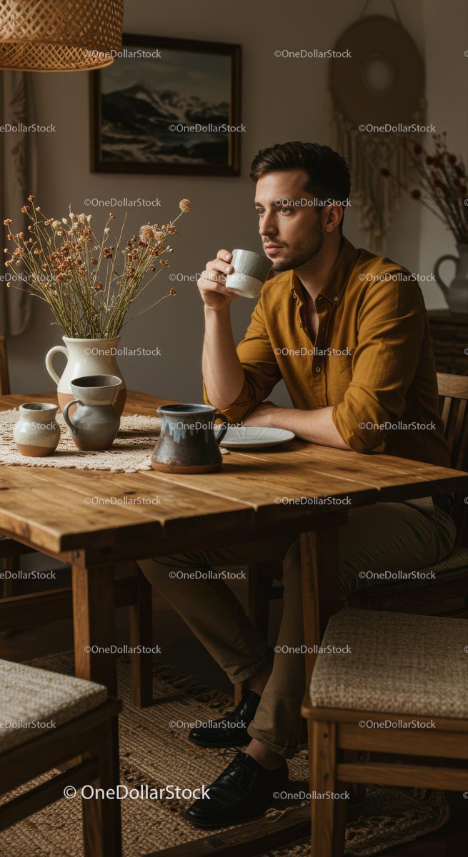 Man Enjoying Coffee in Cozy Rustic Dining Room
