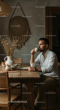 Man Enjoying Coffee at Rustic Wooden Kitchen Table