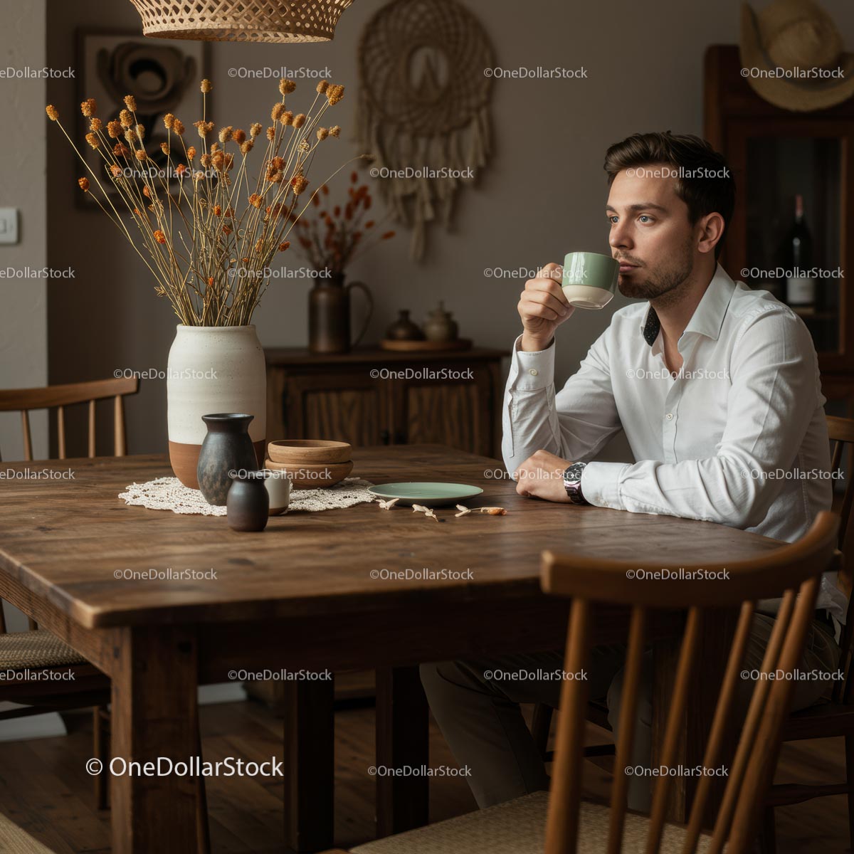 Man Enjoying Coffee at Rustic Wooden Table in Cozy Interior