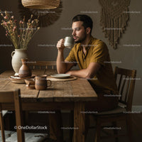 Man Enjoying Morning Coffee in Cozy Rustic Interior