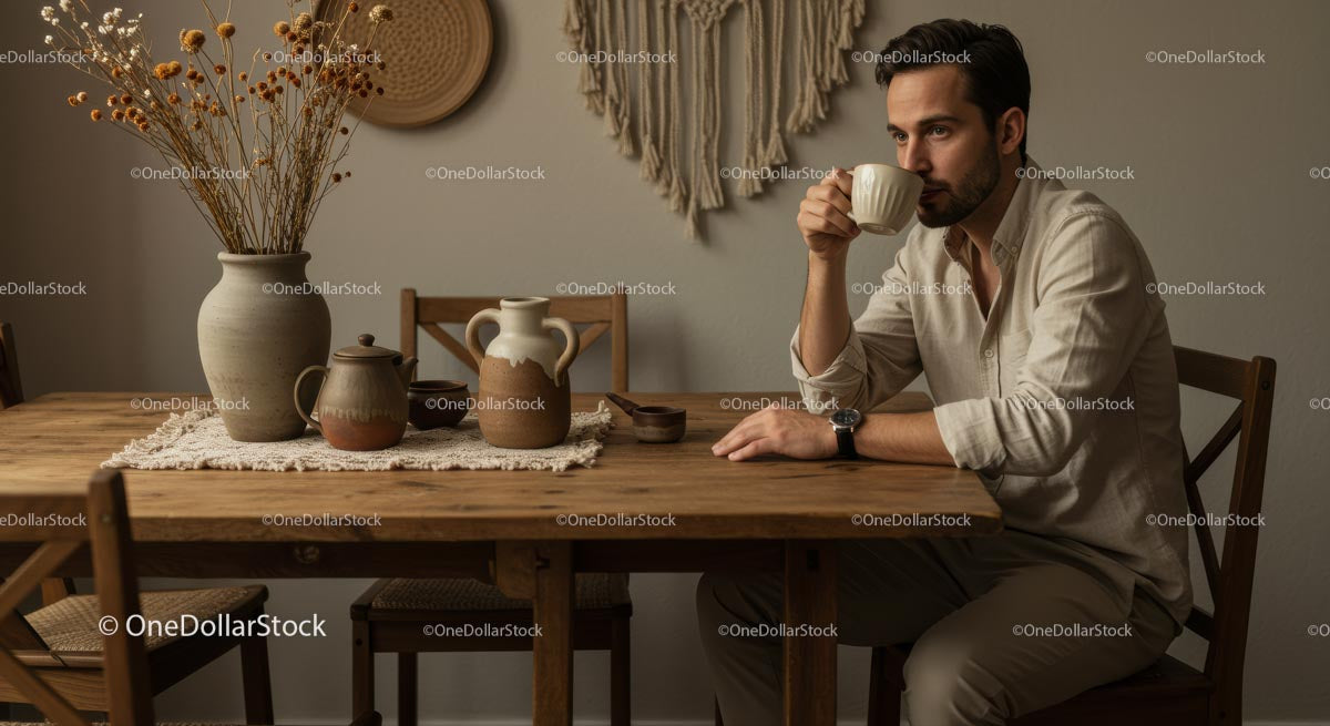 Man Enjoying Coffee in a Cozy Rustic Interior