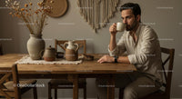 Man Enjoying Coffee in a Cozy Rustic Interior