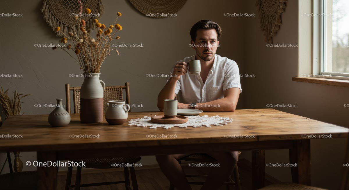 Mężczyzna delektujący się kawą przy rustykalnym drewnianym stole