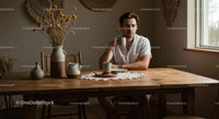 Man Enjoying Coffee at a Rustic Wooden Table