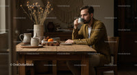 Man Enjoying Coffee in Cozy Rustic Kitchen
