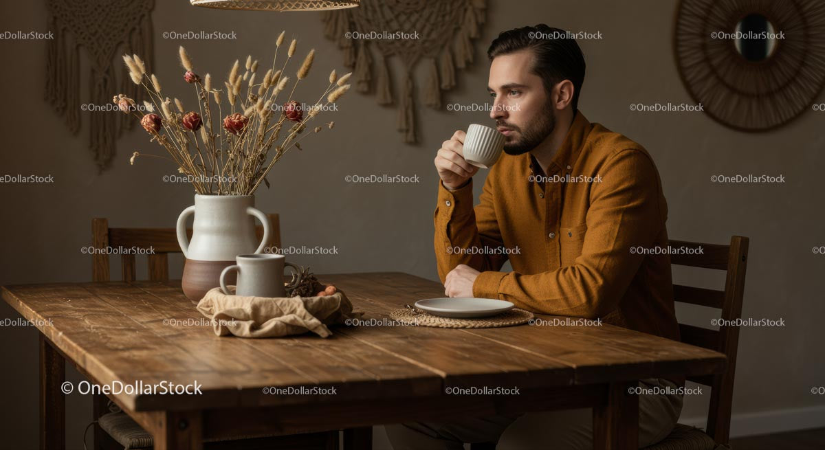 Man Enjoying Coffee in Cozy Rustic Dining Room