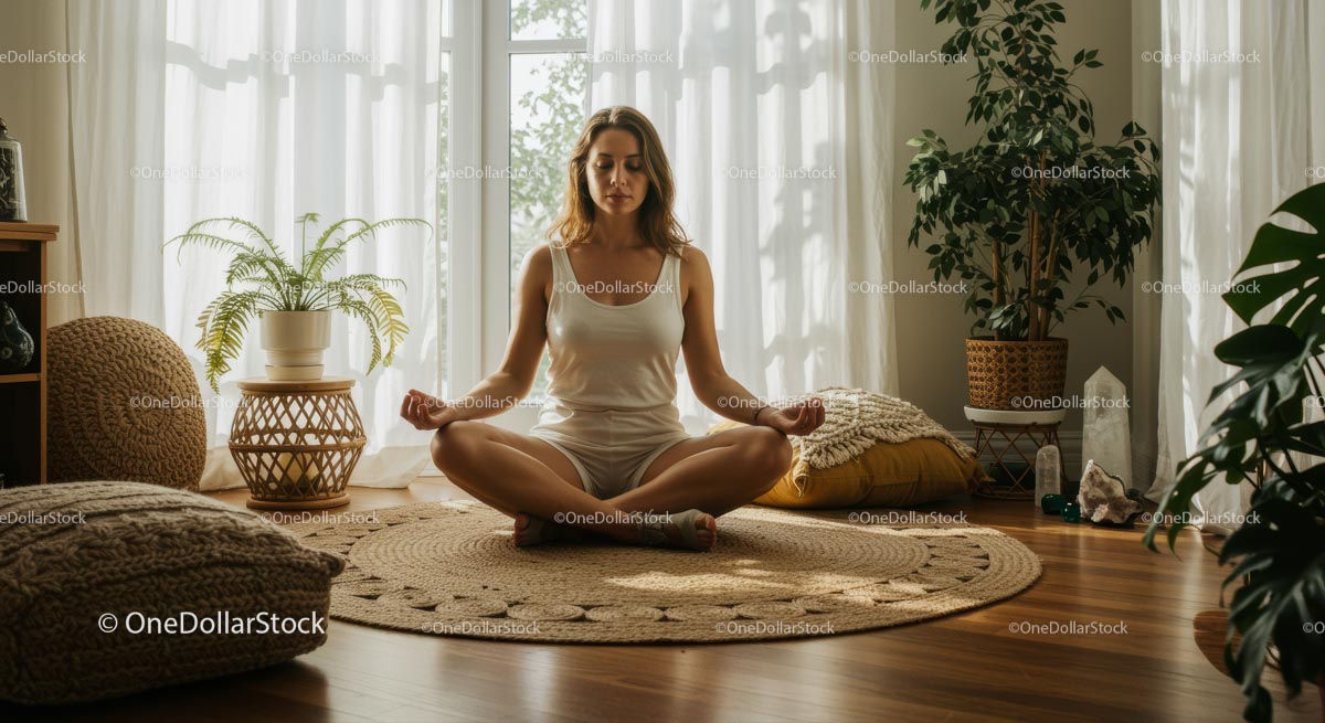 Woman Meditating in Sunny Living Room with Indoor Plants