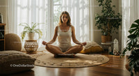 Woman Meditating in Sunny Living Room with Indoor Plants