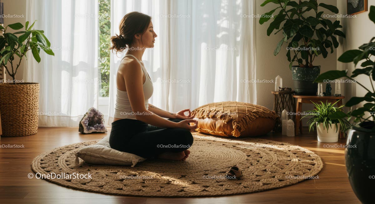 Woman Meditating in Sunlit Room with Indoor Plants