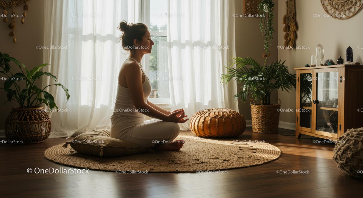 Woman Meditating in a Sunlit Room with Indoor Plants