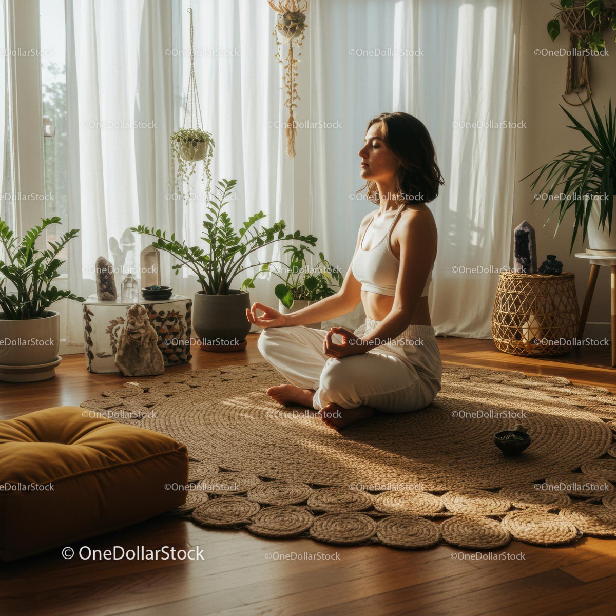 Woman Meditating in Sunlit Room With Green Plants