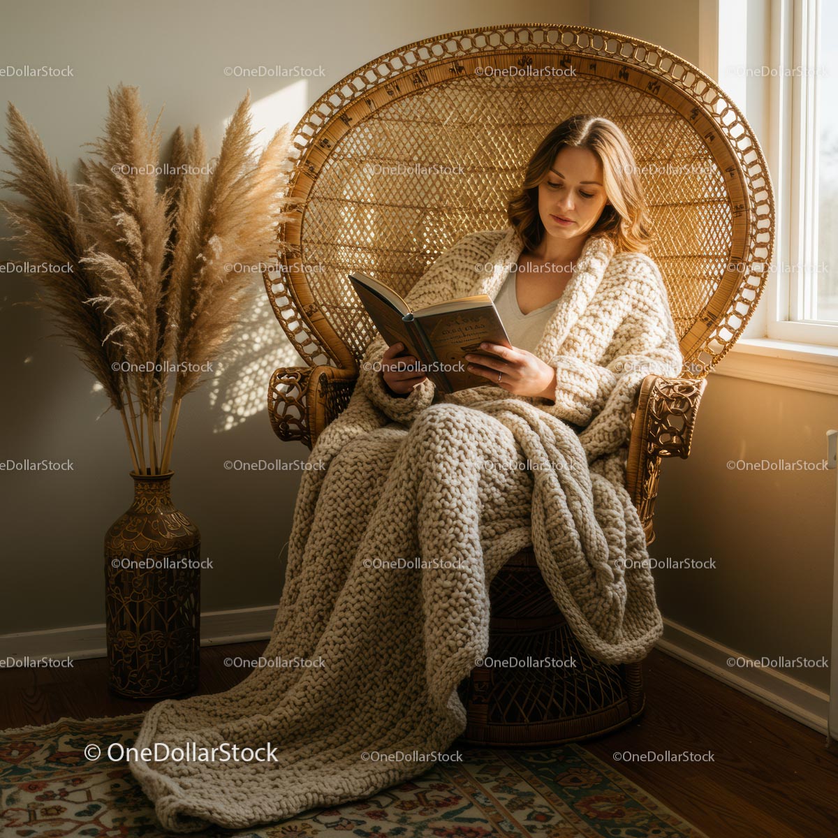 Woman Reading in Cozy Chair with Knitted Blanket