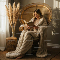 Woman Reading in Cozy Chair with Chunky Knit Blanket