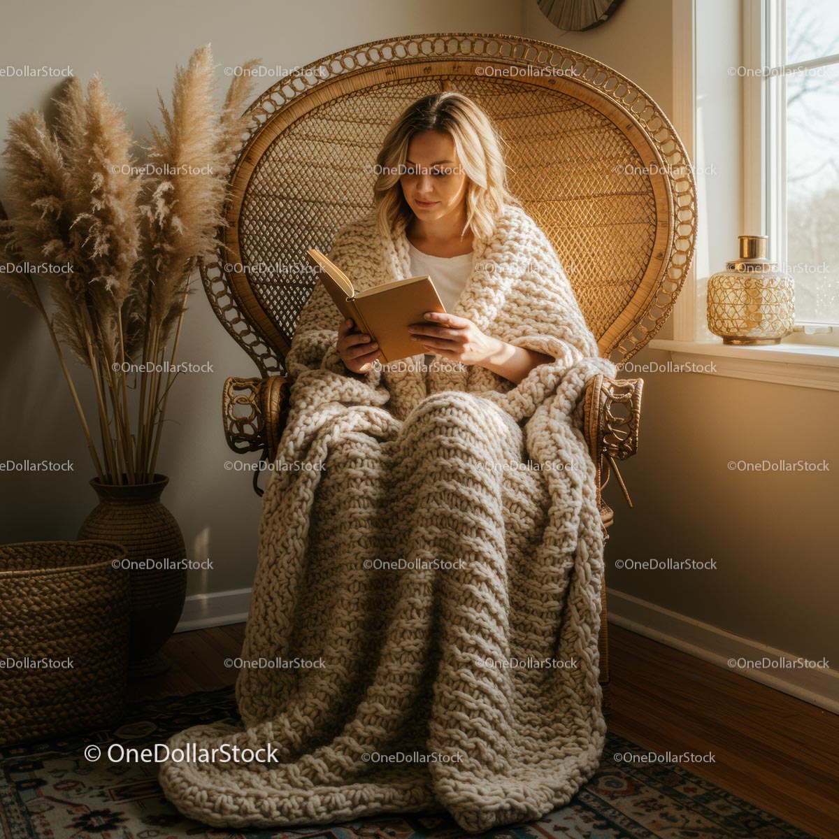 Cozy Woman Reading in Rattan Chair with Knitted Blanket