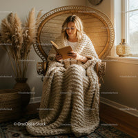 Cozy Woman Reading in Rattan Chair with Knitted Blanket
