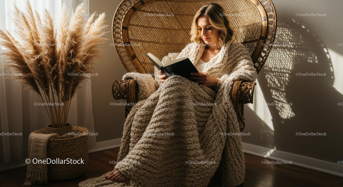 Woman Reading in a Cozy Wicker Chair with Knitted Blanket