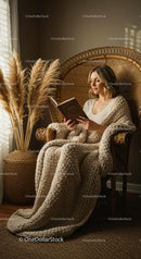 Woman Reading in Cozy Wicker Chair with Knit Blanket