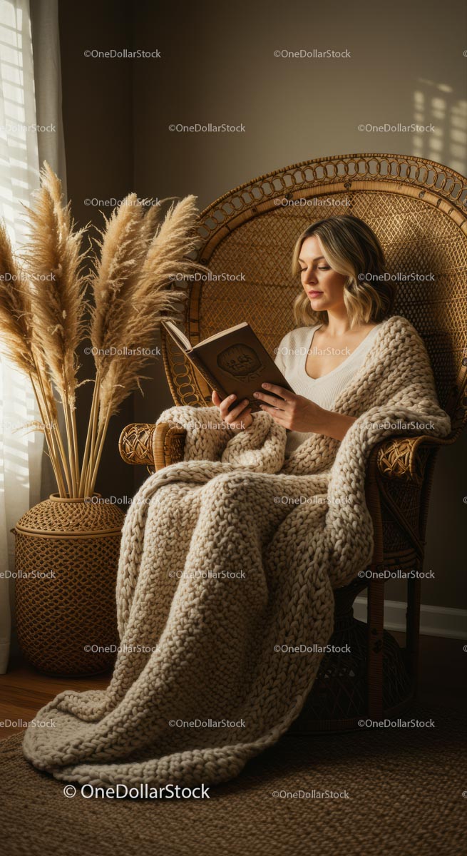 Woman Reading in Cozy Wicker Chair with Knit Blanket