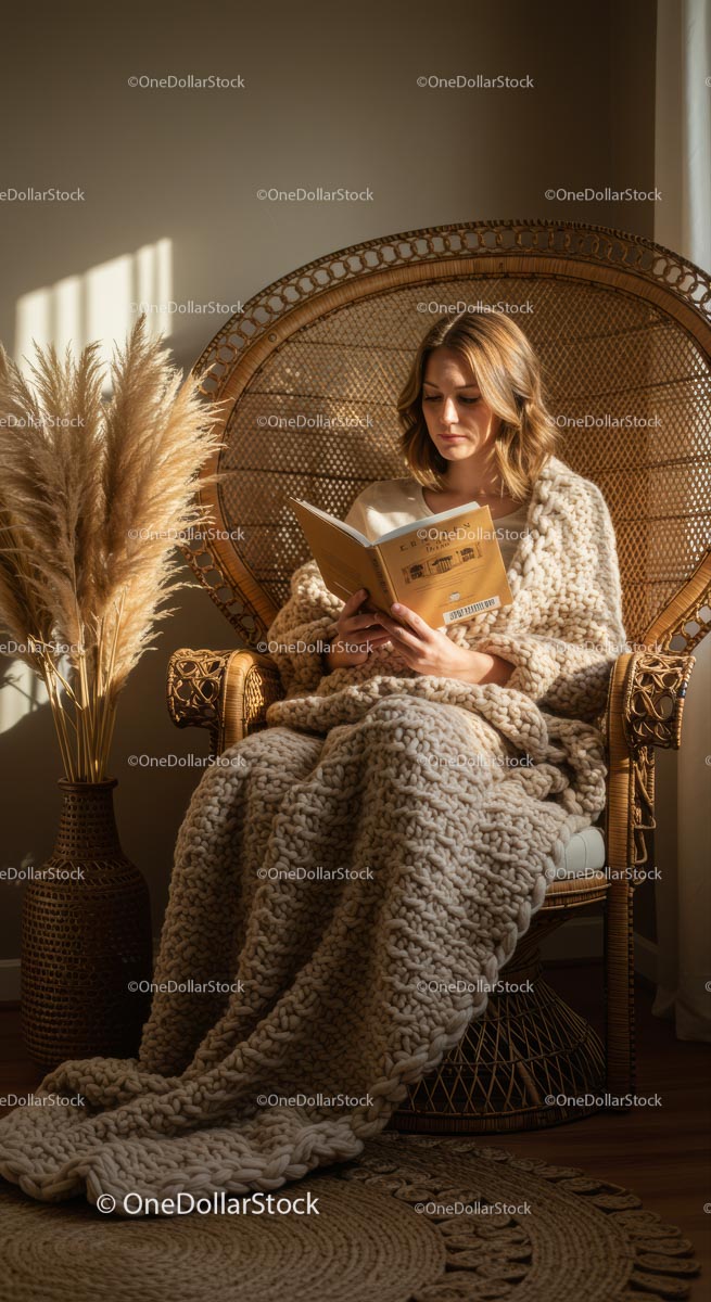 Woman Relaxing in Wicker Chair with Knit Blanket