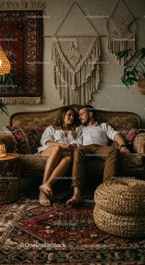 Para odpoczywająca w salonie w stylu boho