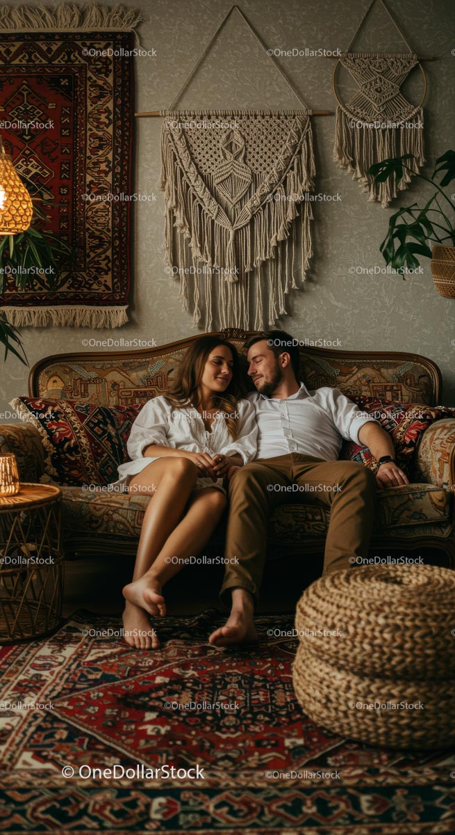 Couple Relaxing in Bohemian Style Living Room