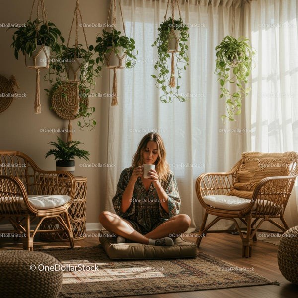 Kobieta Relaksująca się z Kawą w Salonie w Stylu Boho