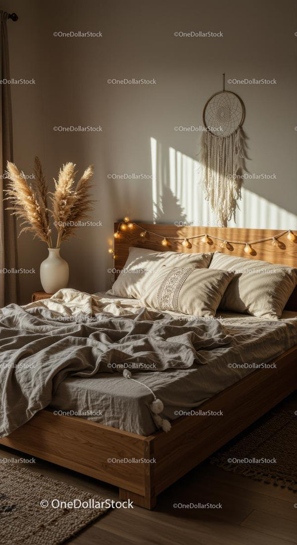 Przytulna Sypialnia w Stylu Boho z Trawą Pampas i Łapaczem Snów