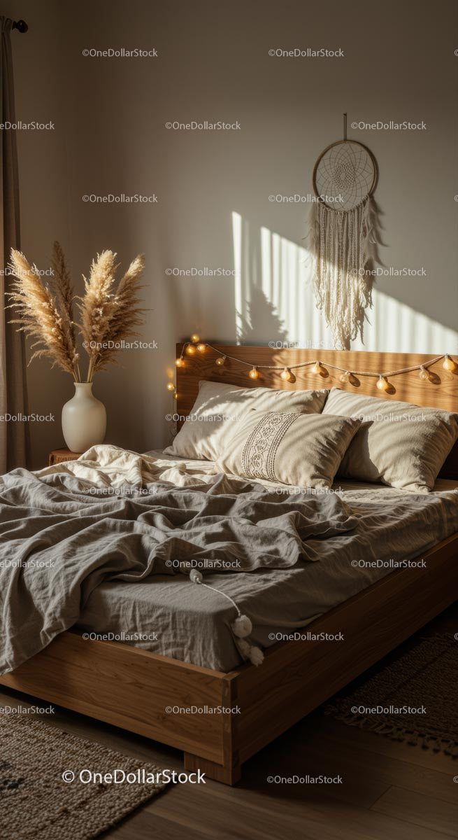 Cozy Bohemian Bedroom with Pampas Grass and Dreamcatcher