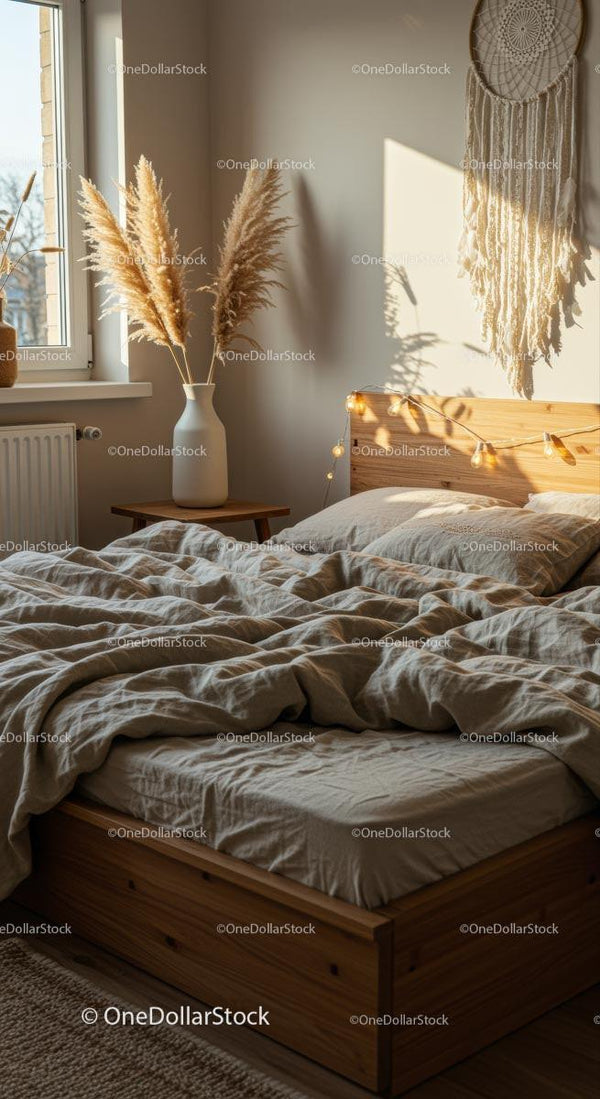 Przytulna sypialnia w stylu boho z trawą pampasową i łapaczem snów