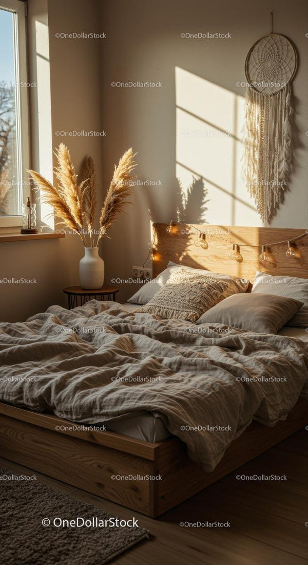 Przytulna Sypialnia z Boho Dekorem i Ciepłym Naturalnym Światłem