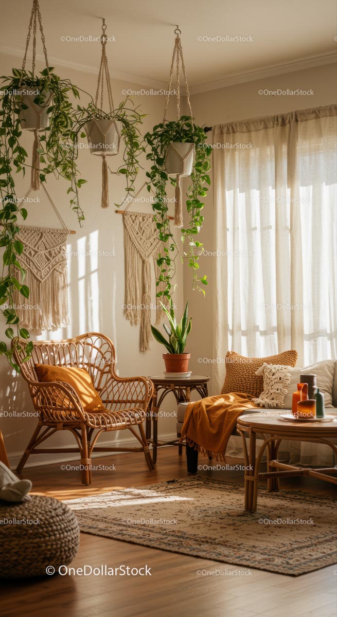 Cozy Bohemian Living Room with Rattan and Indoor Plants