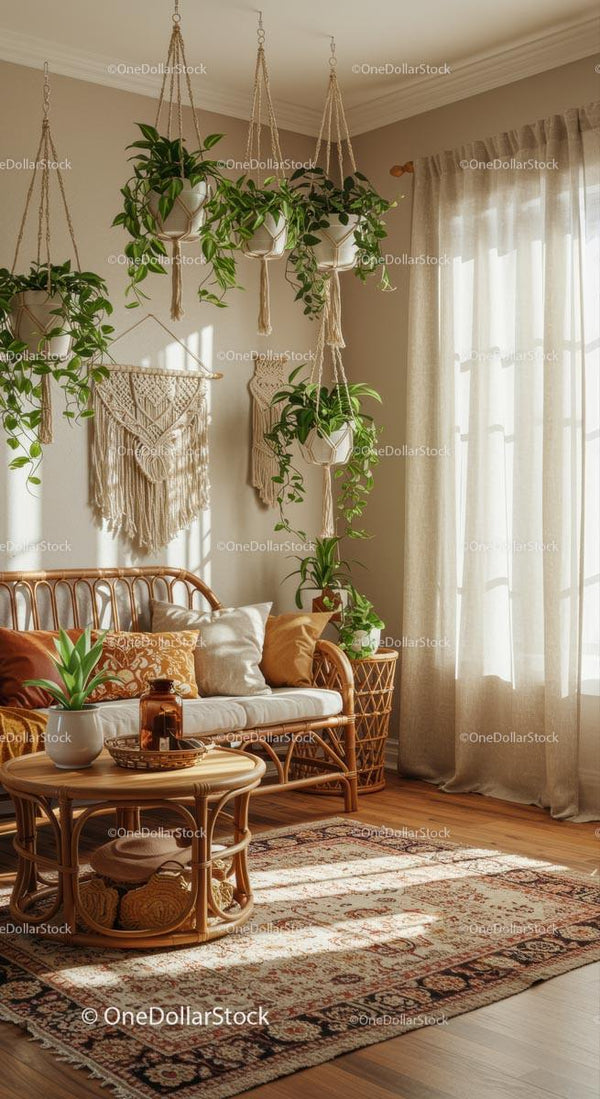 Przytulny boho salon z wiszącymi roślinami
