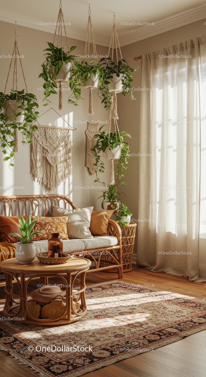 Przytulny salon w stylu boho z wiszącymi roślinami