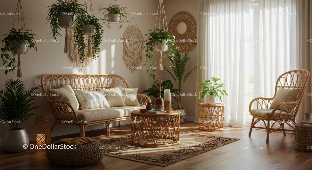 Cozy Bohemian Living Room with Wicker and Greenery