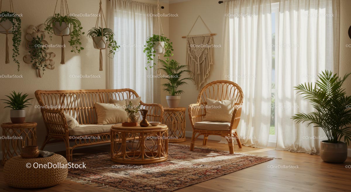 Salon w stylu boho z meblami rattanowymi i roślinami doniczkowymi
