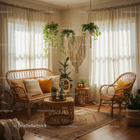 Cozy Living Room with Rattan Furniture and Greenery