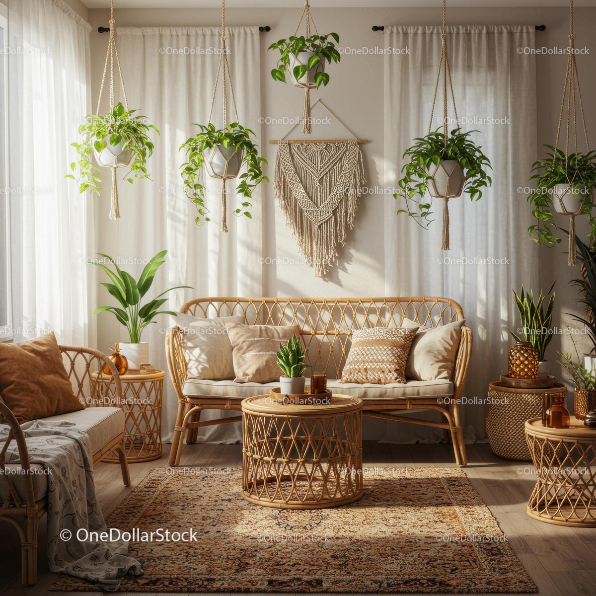 Salon w stylu boho z meblami rattanowymi i bujnymi roślinami